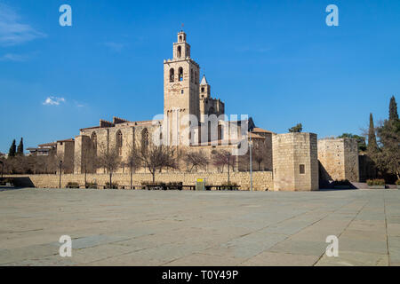 Monastery of Sant Cugat --  Benedictine abbey in Sant Cugat del Vallès, Catalonia, Spain. Stock Photo