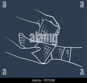 first aid in the form of a hand that bandages the leg. icon, silhouette in linear style Stock Vector
