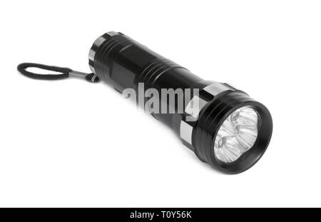 Black aluminum pocket LED flashlight isolated on white Stock Photo