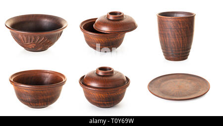 set of new earthenware on white isolated background Stock Photo