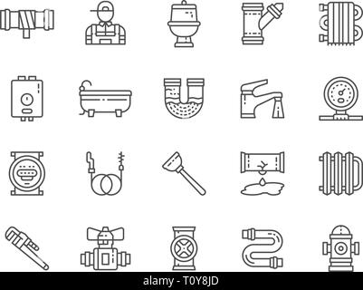 Set of Plumbing Services Line Icons. Bathtub, Toilet, Boiler, Plumber and more. Stock Vector