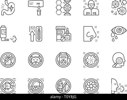Set of Allergy and Allergens Line Icons. Patient, Thermometer, Microbes and more Stock Vector