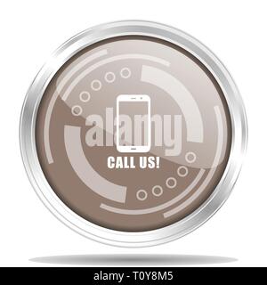 Call us silver metallic chrome border round web icon, vector illustration for webdesign and mobile applications isolated on white background Stock Vector