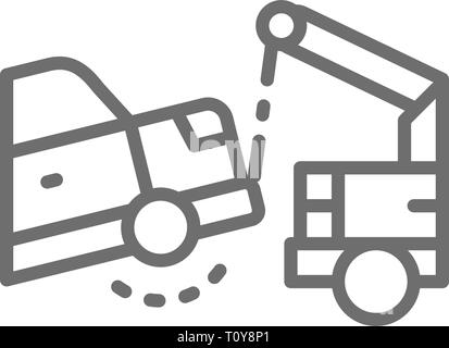 Evacuation car, tow truck line icon. Isolated on white background Stock Vector