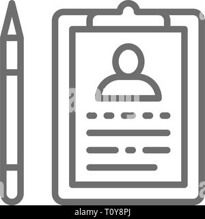 Folder tablet with pen, case history, medical tests line icon. Stock Vector