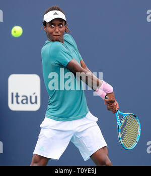 March 21, 2019: Mikael Ymer, of Sweden in action against Leonardo Mayer, of Argentina, during the 2019 Miami Open Presented by Itau professional tennis tournament, played at the Hardrock Stadium in Miami Gardens, Florida, USA. Mario Houben/CSM Stock Photo