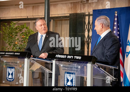 U.S. Secretary of State Mike Pompeo, left, during a joint press conference with Israeli Prime Minister Benjamin Netanyahu at the official residence March 21, 2019 in Jerusalem, Israel. Stock Photo