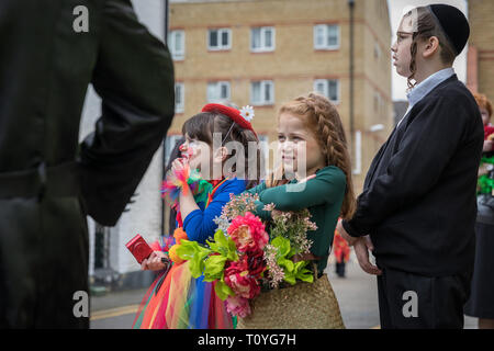 London, UK. 21st March, 2019. Haredi Jews in north London gather in fancy dress to celebrate the annual religious holiday of Purim. Credit: Guy Corbishley/Alamy Live News Stock Photo