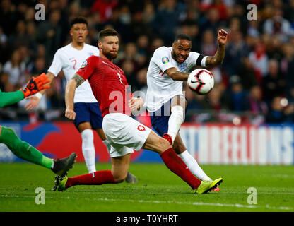 London, UK. 22nd Mar 2019. Raheem Sterling of England SCORES HIS 2ND GOAL during European Championship Qualifying between England and Czech Republic at Wembley stadium, London, England on 22 Mar 2019 Credit: Action Foto Sport/Alamy Live News Stock Photo