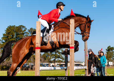 Raeford, North Carolina, USA. 22nd Mar, 2019. COLLEEN LOACH of Canada riding FOREIGN QUALITY warm-up before competing in the CCI3-S show jumping division at the sixth annual Cloud 11-Gavilan North LLC Carolina International CCI and Horse Trial, at Carolina Horse Park. Credit: Timothy L. Hale/ZUMA Wire/Alamy Live News Stock Photo