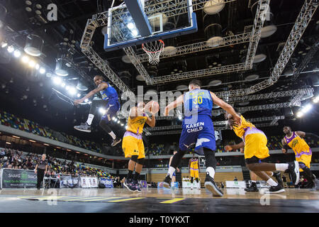 Copper Box Arena London, UK. 22nd Mar, 2019. Royals Tensions run high between home team London Lions and visitors, Sheffield Sharks in a BBL basketball game. Lions win 89/73. Credit: carol moir/Alamy Live News Stock Photo