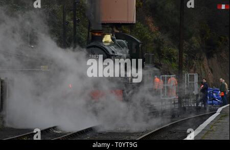 Great Western steam locomotive 7802 Bradley Manor in a cloud of steam at Bewdley Station at the Severn Valley Railway Shropshire Spring Gala 2019 Stock Photo