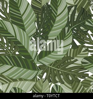 Green tropical leaves seamless pattern. Vector illustration. Exotic banana and monstera leaves background for fabric, art, wallpaper and other. Stock Vector