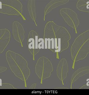 Skeleton banana leaves seamless textile pattern. Transparent light green leaves isolated on grey background. Vector illustration. Stock Vector