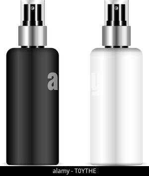 Black and white sprayer bottle set with transparent lid for for cosmetic, perfume, deodorant, freshener. Realistic Vector Illustration isolated on bac Stock Vector