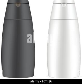 Shampoo bottles mockup set isolated on white background. Vector realistic package in black and white colors for shampoo, shower gel. Stock Vector