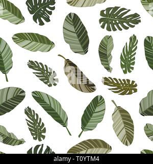 Different shades of green tropical leaves Eps 10 vector pattern isolated on white. Monstera and banana palm leaf seamless background. For textile, fab Stock Vector