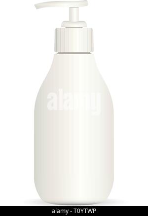 Realistic cosmetic bottle on a white background. Package with pump dispenser for cream, liquid soup, foam, shampoo. Vector illustration. Stock Vector
