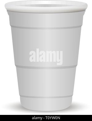 White party cup realistic 3d vector illustration. Disposable plastic or paper container mockup for drinks and fun games isolated on white background. Stock Vector
