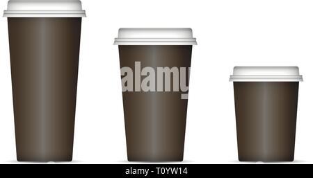Black coffee cups set isolated on background. Eps 10 Vector illustration. Disposable paper or plastic cups with lid for espresso, latte or tea. Stock Vector