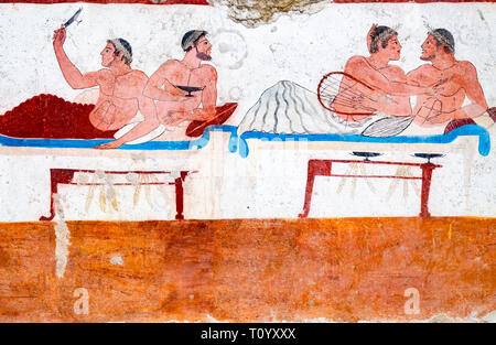 Paestum, ancient frescoes in the tomb of the diver Stock Photo