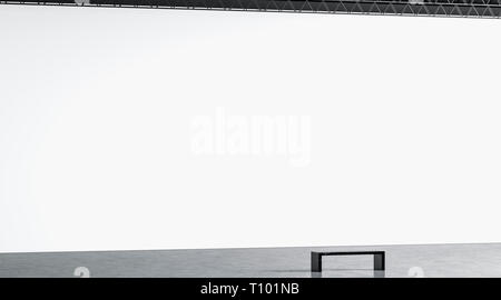 Blank white huge gallery wall with bench in museum mockup, 3d rendering. Empty presentation room mock up, side view. Clear giant canvas for art in mod Stock Photo