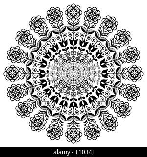 Scandinavian folk art vector mandala with flowers, floral round ornament, Nordic design with flowers in circle, ethnic composition Stock Vector