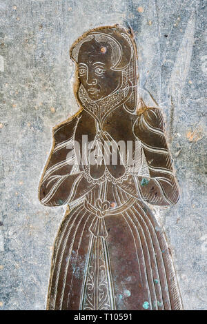 St Mawgan's Church in the village of St Mawgan in Pydar, Lanherne, Newquay, Cornwall, UK. A fine memorial brass to Mary Arundell (1578) Stock Photo