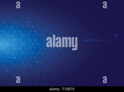 Abstract hexagons with nodes digital geometric with lines and dots on blue background. Technology connection concept Stock Vector