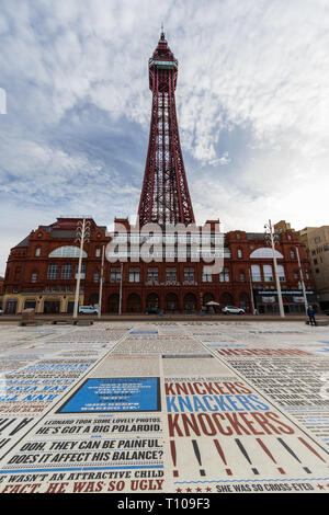 BLACKPOOL, UK - October 21, 2016: The comedy carpet one of Britain's largest pieces of public art immortalising the UK's  favourite comedians and comi Stock Photo