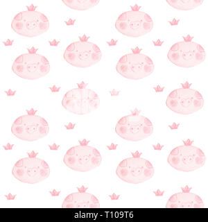 Cute seamless pattern with funny piglets princesses. Background with pink faces of piglets girls with a blush on the cheeks and a crown on the head. Stock Photo