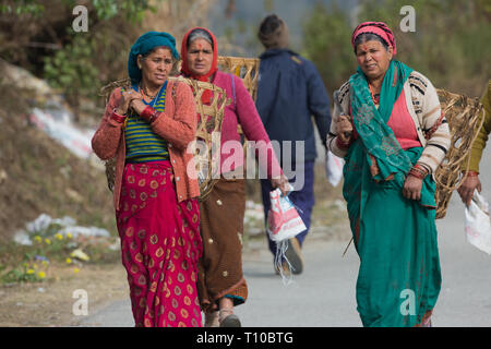 Three women wearing knitted wool clothing and head covering. Bindi, tika or tikka, mark on the forehead. Walking to work, empty woven baskets on their backs to harvest crops in nearby fields. Northern India. Winter. Stock Photo