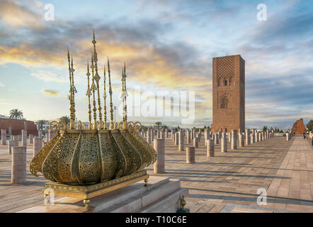 The Mausoleum of Mohammed V is a historical building located on the opposite side of the Hassan Tower on the Yacoub al-Mansour in Rabat, Morocco Stock Photo