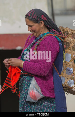 Woman wearing a knitted wool cardigan and pullover top. Knitting whilst she walks to field plot and harvest vegetables. To be filled, an empty woven basket on her back. Winter. Northern India. Stock Photo