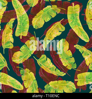 Yellow and red sweet bananas leaves, seamless pattern on dark green background Stock Photo