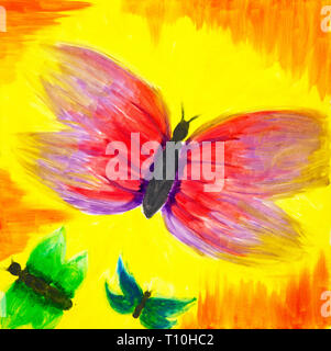 Original oil painting on canvas showing colorful abstract butterflies in front of golden sunset Stock Photo