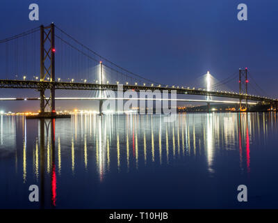Queensferry Crossing and the Forth Road Bridge at dusk South Queensferry City of Edinburgh Scotland