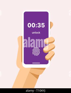 Hand holds the smartphone with fingerprint unlock on the lock screen. Flat vector modern phone mock-up illustration Stock Vector