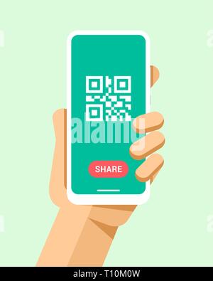 Hand holds the smartphone with qr code and share button. Flat vector modern phone mock-up illustration Stock Vector