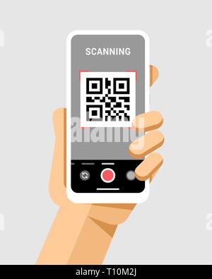 Hand holds the smartphone with qr code in camera application. Flat vector modern phone mock-up illustration Stock Vector