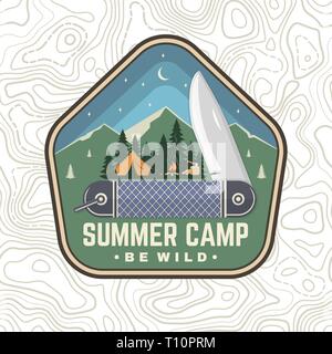 Summer camp patch. Be wild. Vector illustration. Concept for shirt or badge, overlay, print, stamp or tee. Vintage typography design with pocket knife, camping tent and forest silhouette in the night. Stock Vector