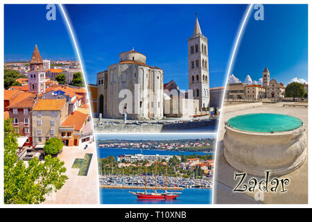 Town of Zadar tourist postcard with label, famous landmarks and beautiful nature of Dalmatia, Croatia Stock Photo