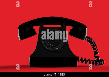 3D rendering of a black vintage telephone against a red background Stock Photo