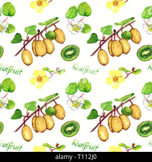 Kiwifruit branches with ripe fruits, male and female flowers, cut half with inscription, bright colors palette, seamless pattern design, hand painted  Stock Photo