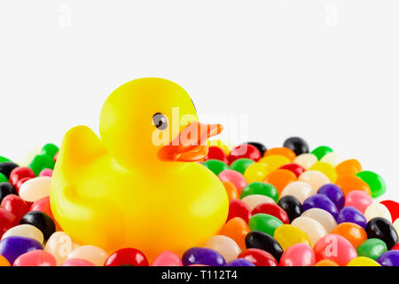 Close up of a toy rubber duck surrounded by jelly beans against a white background.  Landscape cropped. Copy space above. Stock Photo