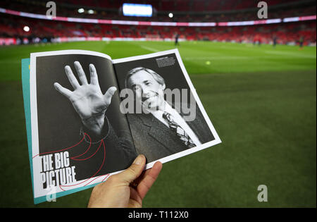 A tribute to Gordon Banks is seen in the program prior to the UEFA Euro 2020 Qualifying, Group A match at Wembley Stadium, London. Stock Photo