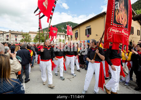 GUBBIO, ITALY - MAY 15 2016 - Supporters of Saint Antonio arrive to celebrate the annual Festa dei Ceri Stock Photo