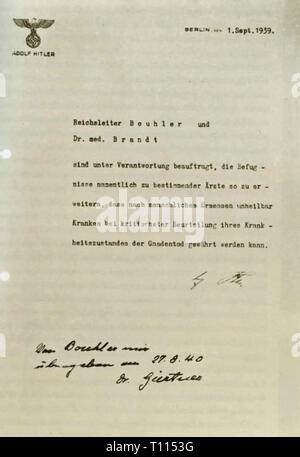 Nazism / National Socialism, documents, commissioning of Philipp Bouhler and Karl Brandt with the execution of the killing of mentally or physically handicapped people by Adolf Hitler, Berlin, 1.9.1939, Germany, Third Reich, Second World War / WWII, serious crime, euthanasia, mercy killing, eugenics, Action T4, assassination, mass murder, mass murders, mass killings, medicine, medicines, sick person, sick people, disease, diseases, handicapped person, disabled person, handicapped people, assignment, assignments, command, order, commands, orders, , Additional-Rights-Clearance-Info-Not-Available Stock Photo