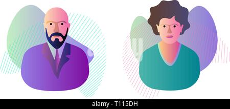 Man woman on dynamic modern liquid element graphic gradient flat style design fluid vector colorful illustration simple abstract shapes. Couple husban Stock Vector