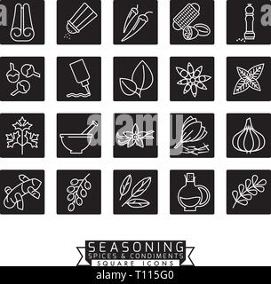 Square black spices, herbs, condiments and seasoning vector icons illustration Stock Vector